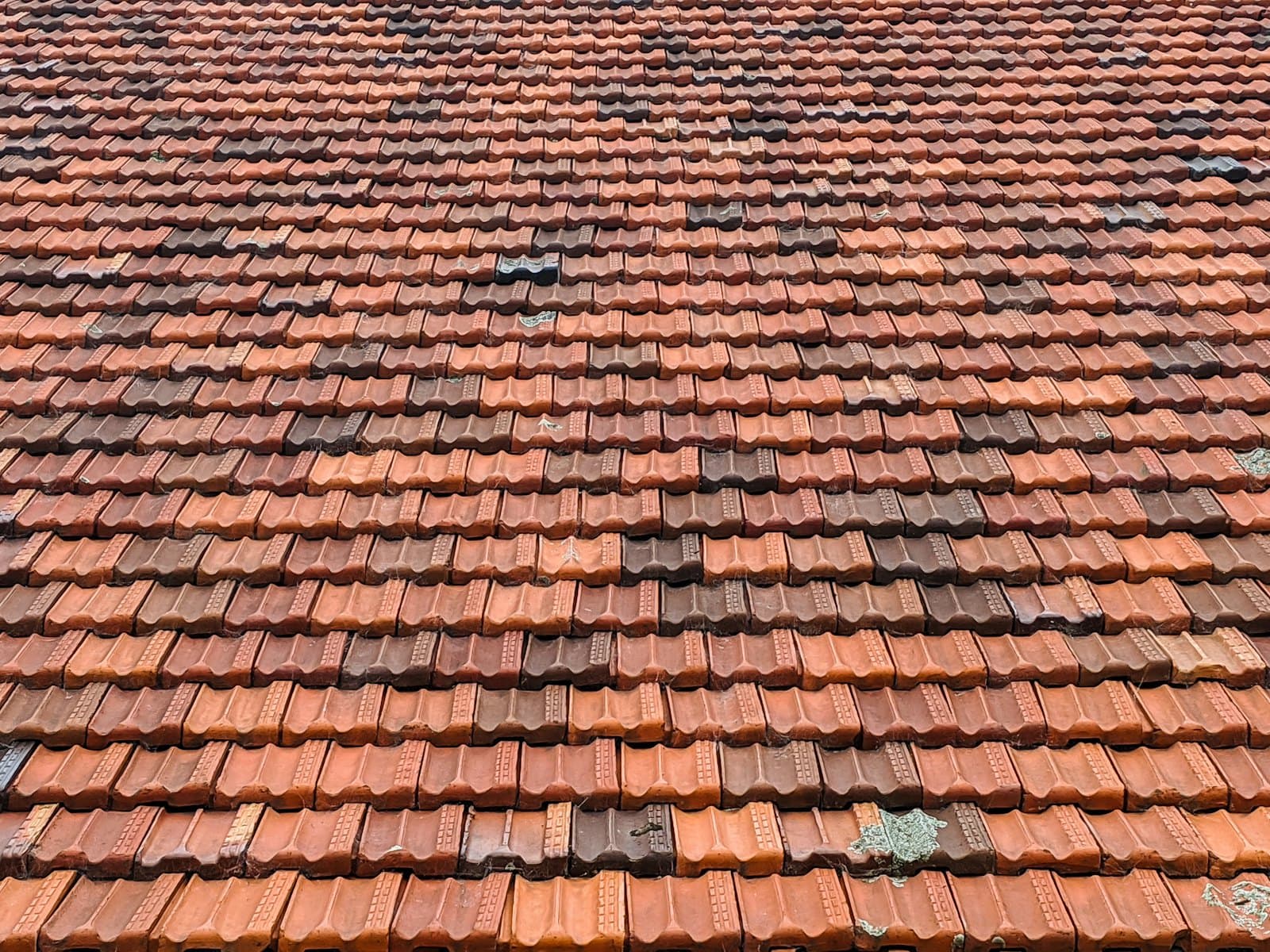 Verweerd pannendak met hier en daar een pan in een afwijkende kleur, waar eerder pannen zijn vervangen