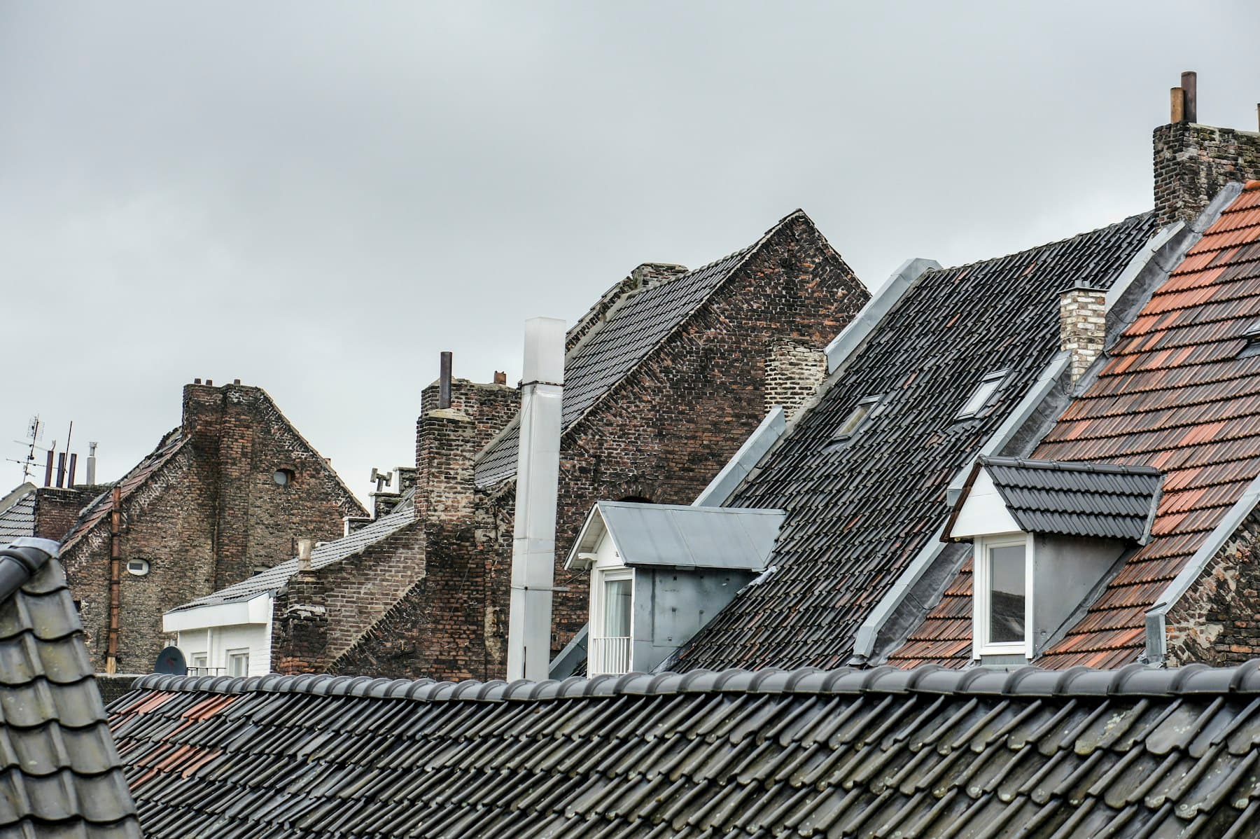 Rij Nederlandse daken met schoorstenen en dakkapellen